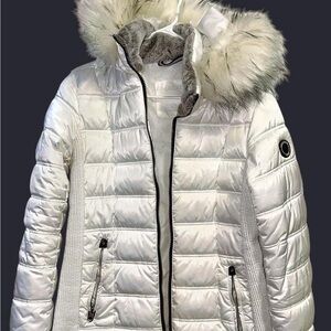 Women's White Puffer Jacket with Faux Fur Hood